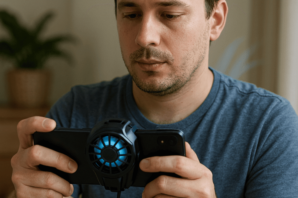 Adulto usando un smartphone para jugar mientras tiene conectado un enfriador para smartphone
